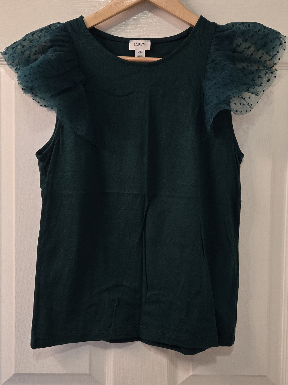J. Crew Dark Green Sleeveless Top with Sheer Polka-Dot Ruffle Sleeves